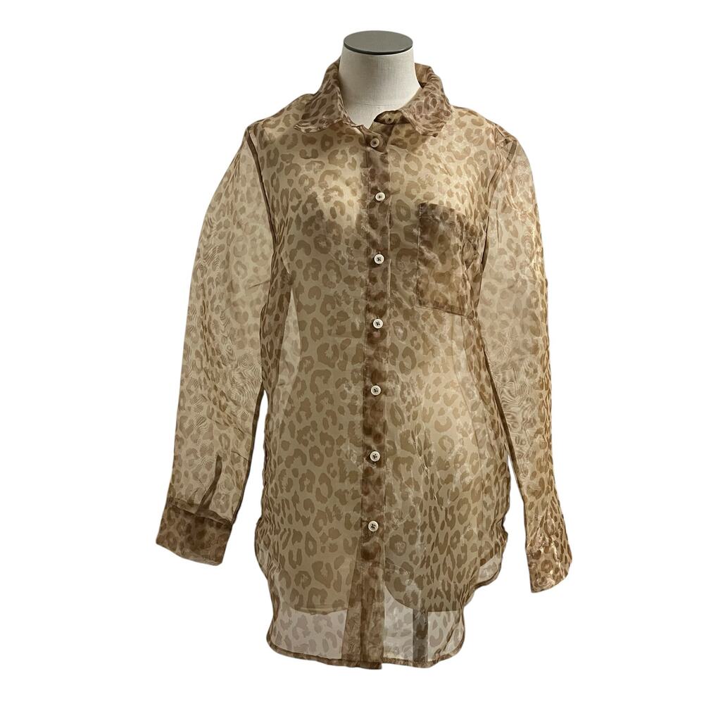 Rachel Zoe Womens Tan Cheetah Sheer Organza Button Up Long Sleeve Top Sz M